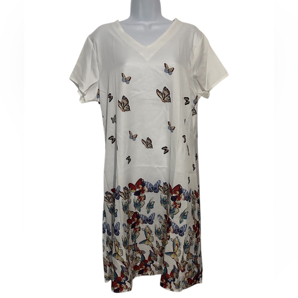 SHEIN White Dress with Colorful Butterfly Print